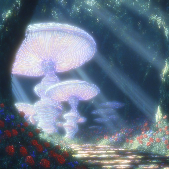 A fantasy artwork of glowing bioluminescent mushrooms in an enchanted forest with shafts of sunlight, surrounded by red and blue flowers on a forest path.