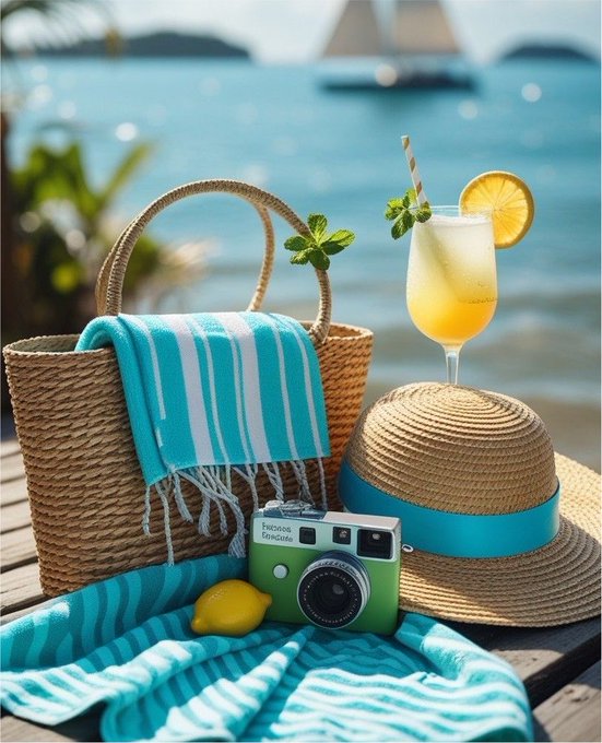 A still life composition featuring a lemon drink with a striped straw and orange slice, alongside a straw beach bag with a striped towel, a vintage camera, a lemon, and a straw hat with a blue band, set against a tropical ocean backdrop with a sailboat.