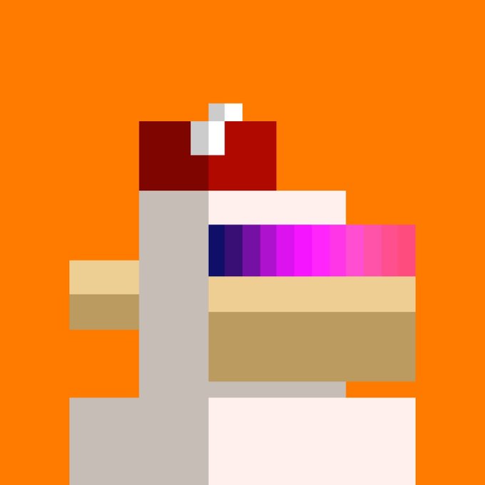 A pixel art rendering of a character with gray skin, dark red upper clothing, and a colorful pink-to-purple gradient chest plate standing against a solid orange background.