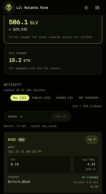 A mobile screenshot of the 'Lil Mutants Mine' cryptocurrency app shows a balance of 506.1 SLV (≈ $29,435) and 15.2 ETH struck, with the latest activity being round #102 on Sep 23 at 04:58 PM.