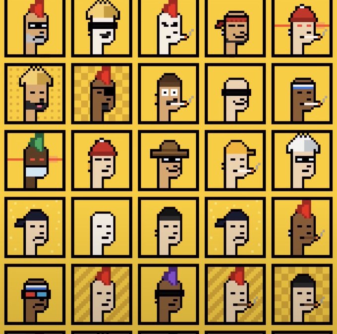 A pixel art grid displays 25 colorful "ZecPunks" NFT characters featuring various hairstyles, accessories like headbands and visors, and different facial expressions on yellow backgrounds. The image directly relates to the giveaway post by showcasing the collectible character designs that participants have a chance to win from the @zecpunksnft collection.