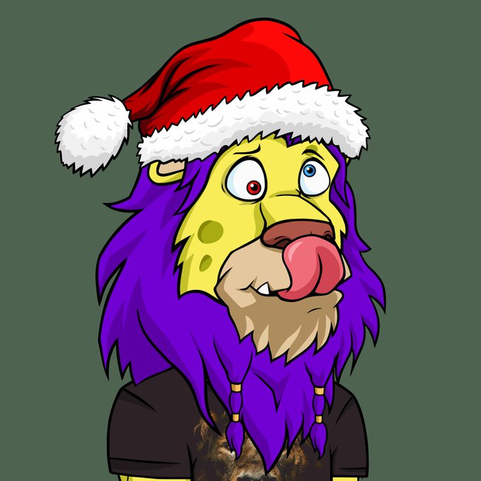 A cartoon illustration of a lion-like character with a purple mane and yellow face, wearing a Santa hat and black shirt, with its tongue sticking out.