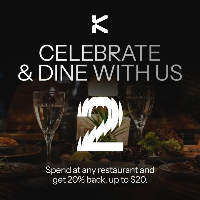 A stylized promotional graphic for KAST's 2nd birthday celebration, featuring the brand's "K" logo, the phrase "CELEBRATE & DINE WITH US," a large white "2" over a dimly-lit image of wine glasses and plated food, and the offer "Spend at any restaurant and get 20% back, up to $20."