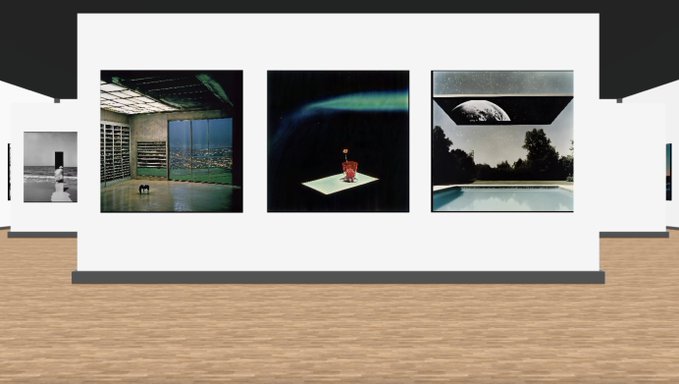 A virtual gallery displaying three framed artworks: an urban interior scene, a figure standing on a platform in space, and a swimming pool with a moon visible above.