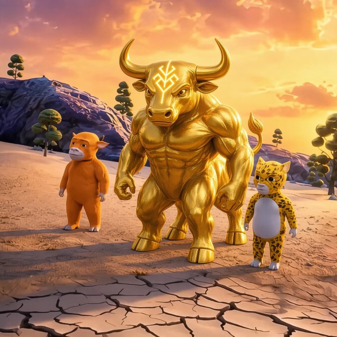 A muscular golden bull stands triumphantly on cracked earth at sunset, flanked by a small orange cow character on the left and a yellow jaguar-like figure on the right, visually embodying the post's message of bringing the iconic "Wall Street Bull" to BNB Chain with the contract address 0x0e42adf9454b7c6bef70f82b2f70918e97c97777.