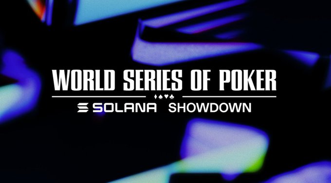 A promotional graphic for the "World Series of Poker" featuring the "Solana Showdown" branding, set against a vibrant blue and purple background with playing card motifs. The image visually supports the post's announcement of Solana's sponsorship and entry into traditional high-stakes poker entertainment.