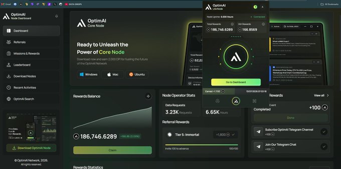 A dark-themed OptimAI dashboard shows a node uptime of 6,650 hours, 3.23K daily data requests, a referral balance of 186,746.6289, and a mobile screen highlighting 8,406 hours of node uptime and a 2,832.8% ROI, illustrating the user's point about still actively running an OptimAI node.