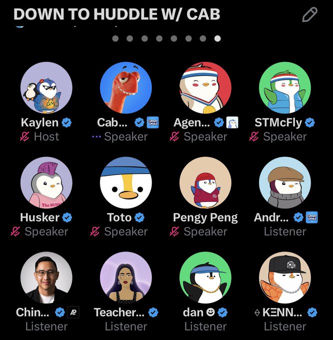 A Twitter Spaces interface screenshot titled "DOWN TO HUDDLE W/ CAB" shows a grid of participant avatars, including cartoon characters and a dinosaur, with roles labeled as Host, Speakers, and Listeners.