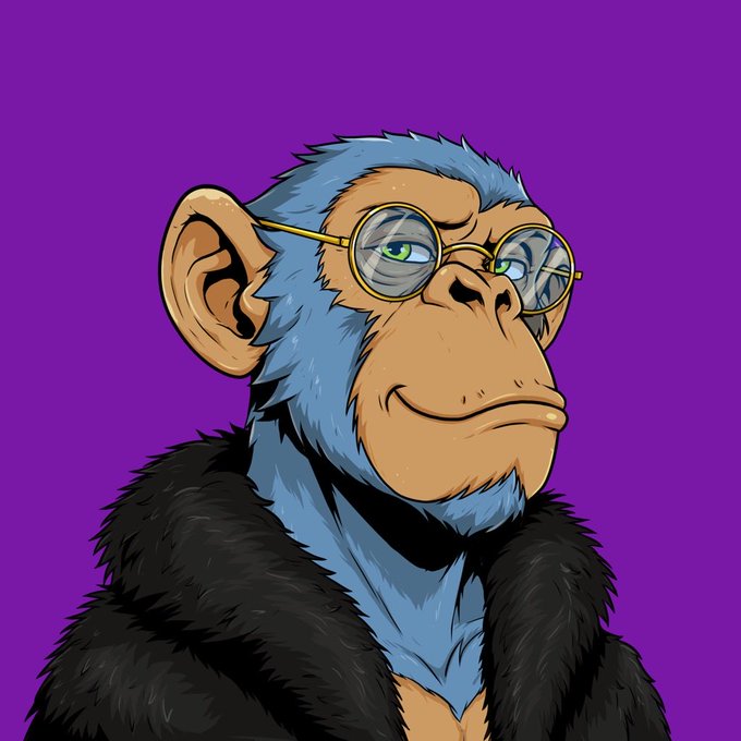 A digital illustration of a blue-furred chimpanzee wearing round wire-rimmed glasses and a black fur coat, set against a solid purple background.