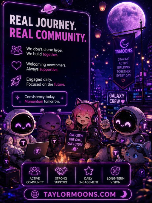 A vibrant purple space-themed promotional graphic for Taylormoons ($TSMOONS) featuring chibi astronauts and a "Galaxy Crew" mascot under a glowing moon, highlighting messages like "REAL JOURNEY. REAL COMMUNITY." and "ONE CREW, ONE GOAL, ONE FUTURE" with features such as active community, strong support, daily engagement, and long-term vision, tying directly to the post's emphasis on $TSMOONS' consistent, hype-free community and directing viewers to taylormoons.com.