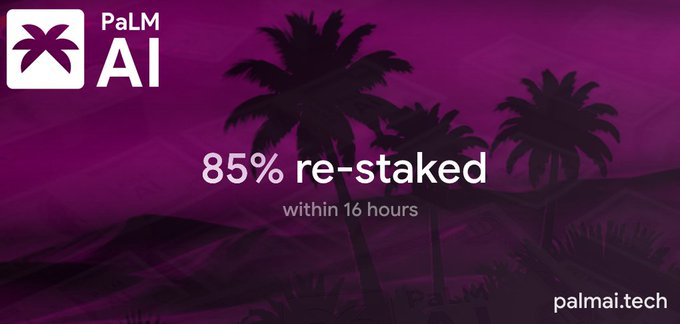 A purple banner for PaLM AI announces that 85% of staking rewards were restaked within 16 hours, featuring palm tree silhouettes against a desert backdrop and the palmai.tech website. The graphic visually reinforces the post's key metric, highlighting strong community engagement and confidence in the PALM token, as holders quickly recycle rewards back into the staking pool.