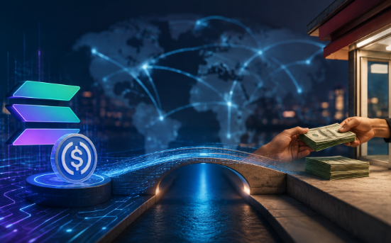 A digital art piece depicting the Solana logo and a dollar coin alongside hands exchanging cash, set against a backdrop of a world map and network connections.