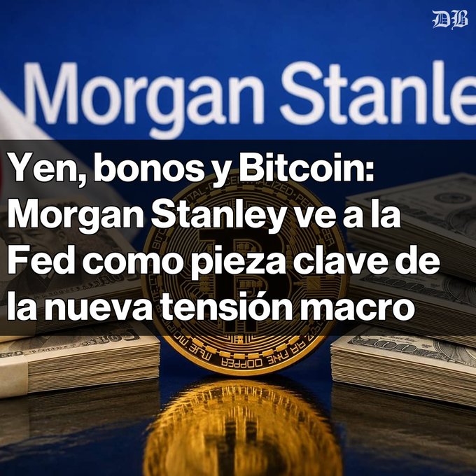 A news graphic from 'MH' features the headline 'Yen, bonos y Bitcoin: Morgan Stanley ve a la Fed como pieza clave de la nueva tensión macro' displayed over a background image showing a Bitcoin coin with the Morgan Stanley logo and stacks of dollar bills.