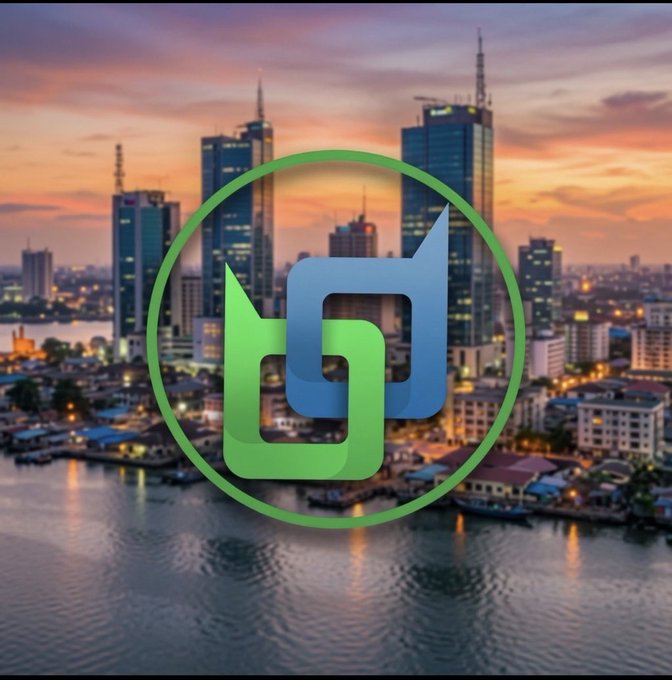 A green and blue hexagonal logo overlaid on a sunset cityscape skyline with skyscrapers reflecting over water.