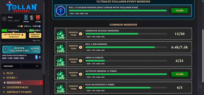 Tollan Universe gaming dashboard showing 'ULTIMATE TOLLANER EVENT MISSIONS' and 'COMMON MISSIONS' with progress bars and claim buttons.