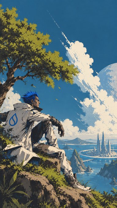 An anime-style illustration of a blue-haired character in a white jacket sitting on a rocky outcrop overlooking a futuristic coastal city with spires and a large planet in the sky.