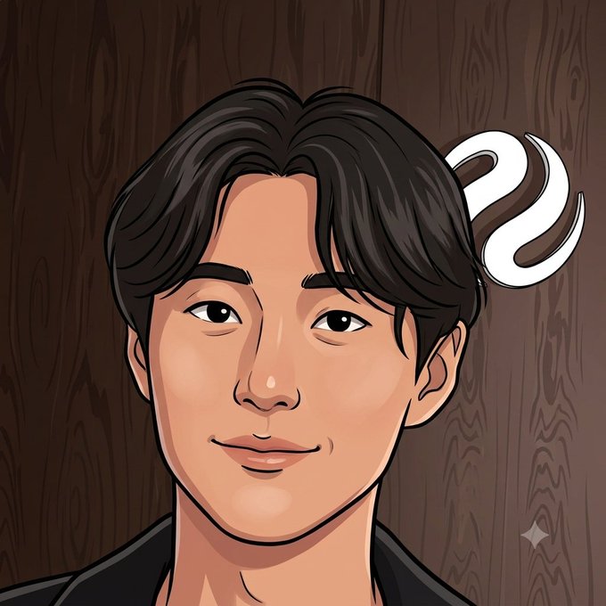 A cartoon-style digital portrait of a young Asian man with dark hair against a brown wood-textured background, with a white curved graphic element near his head.