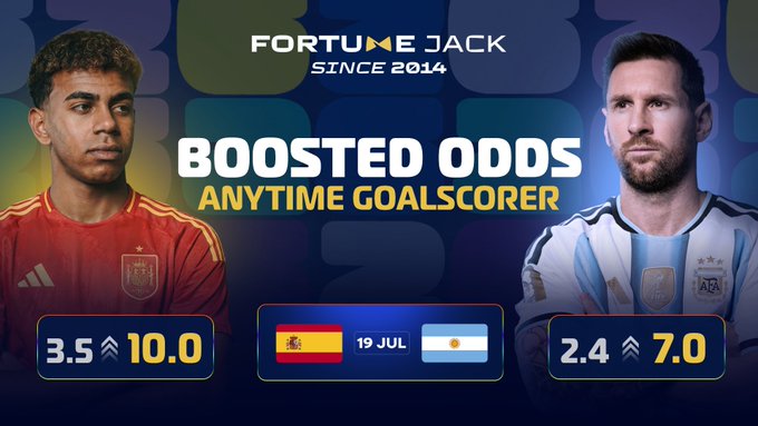 A Fortune Jack sports betting advertisement featuring boosted odds for anytime goalscorers, showing Spain vs Argentina on July 19 with odds 3.5→10.0 and 2.4→7.0, featuring a Spanish player and Lionel Messi.