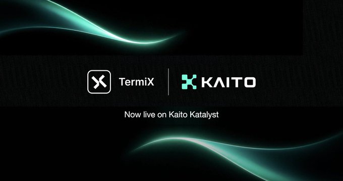 The image features the Termix and KAITO logos with the text "Now live on Kaito Katalyst," promoting a partnership between the two platforms. This visual ties directly to the post announcing TermiX's × Kaito Katalyst campaign launch.