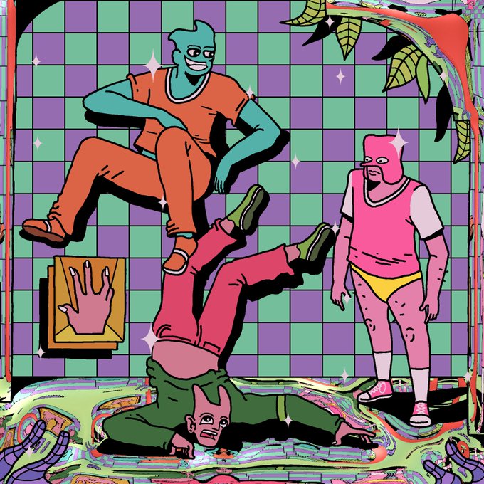 The image features a cartoon illustration of three men dressed in colorful clothes, with one man lying down on his stomach while another two stand over him. The background includes a purple and green checkered patterned wall, which adds to the overall artistic style of the artwork. The caption "gm “Endless Session” on @objktcom 10 editions objkt.com/tokens/KT1P9NA" suggests that this image is part of an ongoing series or collection by a particular artist or creator.
