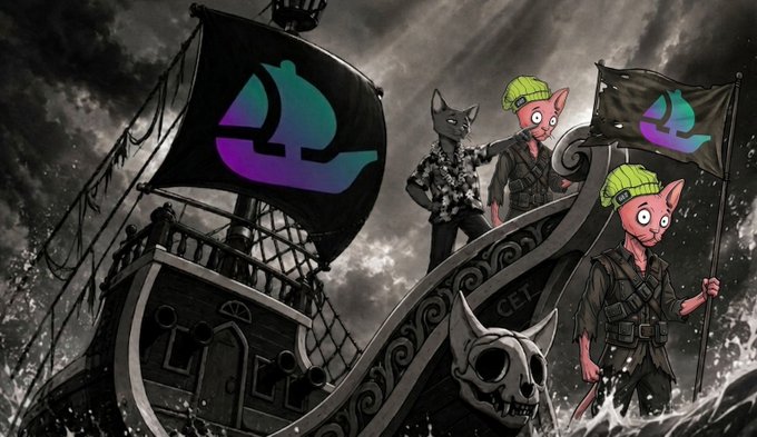 A stylized illustration of two anthropomorphic rat-like characters dressed as pirates with green beanie hats, standing on a pirate ship adorned with skull motifs and sails bearing a colorful gem-like logo.