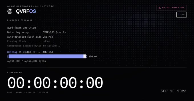 The image shows a QVRF-OS firmware flashing screen for Quip Network's Quantum Echoes project, displaying a completed flash at 100.0% (4,194,303 of 4,194,304 bytes) with a countdown clock reading 00:00:00:00 and the date "SEP 10 2026," reflecting the user's frustration that the promised mint has not materialized despite the countdown reaching zero.