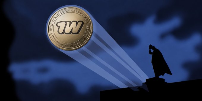 An artistic illustration featuring a gold coin with 'W' emblem and 'WE ARE THE BEST IN THE CRYPTO WORLD' text, alongside a silhouette of a caped figure gazing at it against a blue sky.