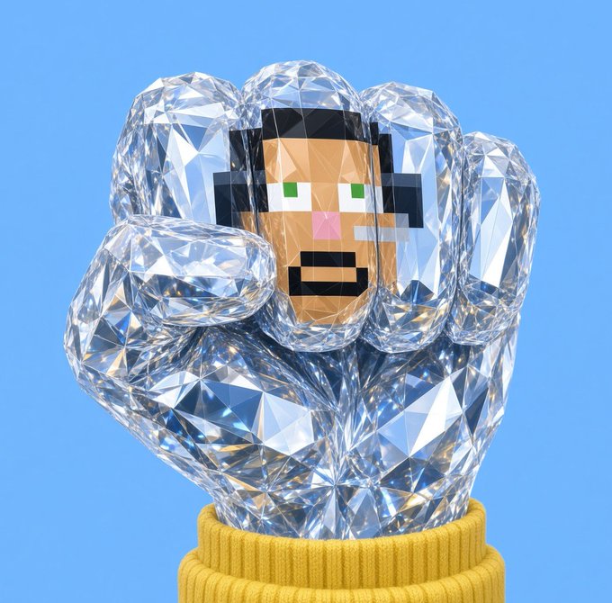 A 3D-rendered crystal glove with a low-poly Steve face from Minecraft emerges from a yellow sweater cuff against a light blue background.