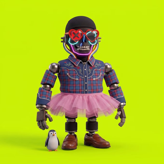 A 3D-rendered robot with a neon-lit mask and heart-shaped sunglasses stands against a yellow-green background, dressed in a plaid western shirt, pink tutu, and brown loafers, accompanied by a small penguin.