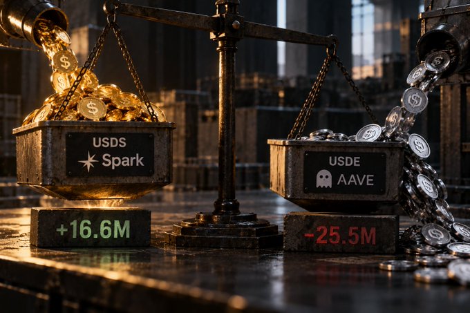 A 3D illustration shows a balance scale weighing gold coins labeled 'USDS Spark +16.6M' against silver coins labeled 'USDE AAVE -25.5M'.
