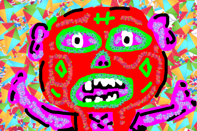 A vibrant, chaotic digital illustration depicts a fierce red luchador mask with green and pink accents, featuring bared teeth and outstretched clawed hands against a kaleidoscopic geometric background—capturing the bold, explosive energy of the upcoming "@objktcom" NFT drop titled "EL LUCHADOR."