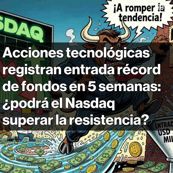 A financial-themed cartoon image featuring a bull in a suit breaking through a brick wall with a speech bubble saying "¡A romper la tendencia!", overlaid with Spanish text about record fund inflows into tech stocks and whether the Nasdaq can overcome resistance.