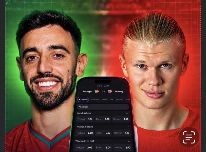 A promotional sports graphic features two male soccer players flanking a smartphone displaying betting odds for a Portugal vs. Norway match on October 5, 02:45, with a green and red background.