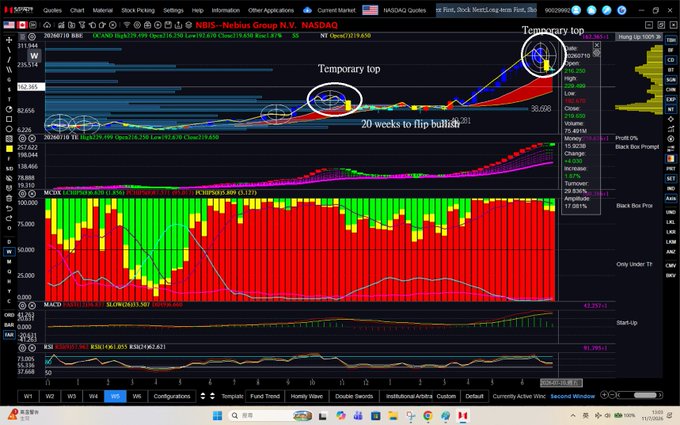 A technical analysis chart of NBIS (Nebius Group N.V.) on NASDAQ displays two highlighted "volatility holes" marked with white circles, showing temporary tops at $42.00 (October 2025) and $299.00, with annotations indicating it took 20 weeks to flip bullish and fully recover, while the lower panels display McSIX, MacD, and RSI indicators.