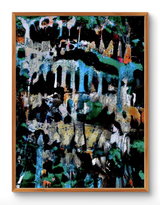 The image features a painting with blue, green, white, and black colors that appears to be abstract art. The artwork has been done using spray paint techniques, giving it an interesting texture and appearance. The painting is displayed within a wooden frame, which enhances its visual appeal. The artist's signature can also be seen in the bottom right corner of the image.
