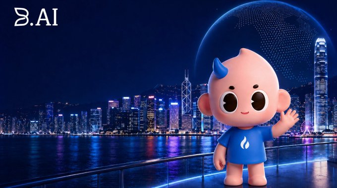 A pink mascot character with blue hair and a blue shirt waving in front of a nighttime Hong Kong skyline, with "8.AI" text in the upper left corner.
