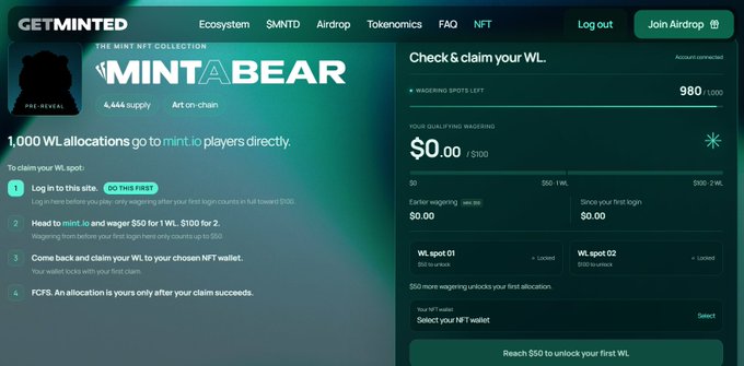 A website interface for 'GETMINTED' showing 'THE MINT NFT COLLECTION - MINT A BEAR' with stats like '6,444 supply' and a 'Check & claim your WL' section showing $0.00 / $100.