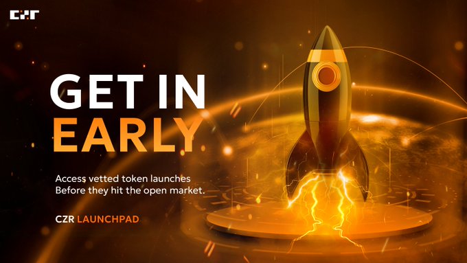 The image features a rocket ship floating above an orange circle that says "Get In Early" written in white letters. Below the rocket, there's text that reads "Access token launched before they hit the open market. The higher you climb, the earlier you get in". This suggests that the rocket is launching a project or initiative at the beginning of a new day, and those who invest early will have access to it before others do.