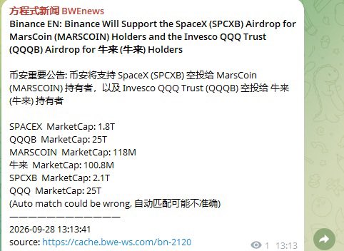 A news message from 方程式新闻 BWENews dated 2026-09-28 announces Binance's planned airdrop support for SpaceX (SPCXB) to MarsCoin (MARSCOIN) holders and Invesco QQQ Trust (QQQB) to 牛来 (牛来) holders, listing respective market caps.