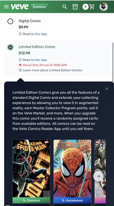 A VeVe Comics app page showing pricing for a 'Digital Comic' at $9.99 and a 'Limited Edition Comic' at $12.98, with an informational pop-up explaining limited edition features alongside Spider-Man comic covers.