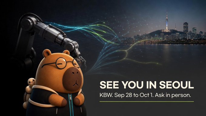 A promotional banner for Korea Blockchain Week featuring a cute cartoon capybara character with glasses, with the text 'SEE YOU IN SEOUL - KBW, Sep 28 to Oct 1. Ask in person.' against a Seoul cityscape.