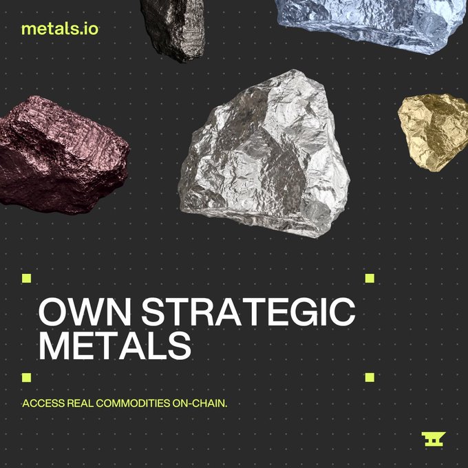 Promotional graphic for metals.io with the headline 'OWN STRATEGIC METALS' and tagline 'ACCESS REAL COMMODITIES ON-CHAIN,' featuring images of various metal ore specimens against a dark background.