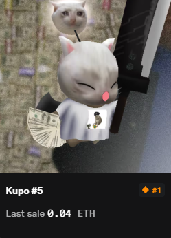 A screenshot of an NFT listing showing a white cat character in a white t-shirt holding cash, titled 'Kupo #5' with last sale of 0.04 ETH, ranked #1.