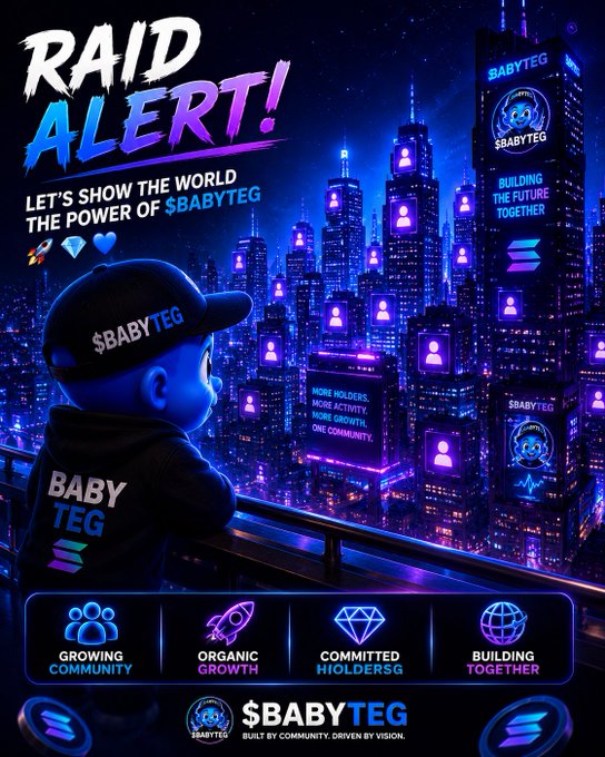 The image features a baby wearing a blue cap, looking out over a cityscape with buildings lit up in purple and blue lights. The caption reads "RAD ALERT! Let's show the world the power of BabyTEG. $BABYTEG #solana #crypto #tEGpad". This suggests that there is an event or promotion related to BabyTEG, possibly a fundraiser or awareness campaign for cryptocurrency and blockchain technology. The baby in the image serves as a symbol of innocence and curiosity, drawing attention to the importance of spreading awareness about these topics.