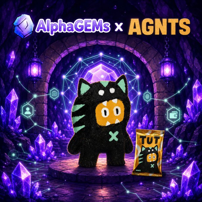 A promotional graphic for 'AlphaGEMs x AGNTS' featuring a black cat-like character with green stripes standing in a purple crystal cave, alongside a small product packet labeled 'TUT'.
