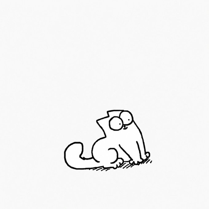 A simple line drawing depicts a cartoonish cat with large round eyes and a jagged back outline sitting on a white background.