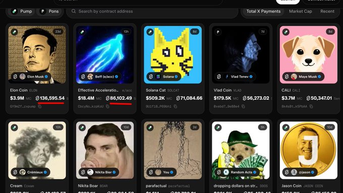 A screenshot of the Pump.fun platform showing trending tokens including Elon Musk, Beff (e/acc), Solana Cat, Vlad Tenev, and CALI with their market caps.