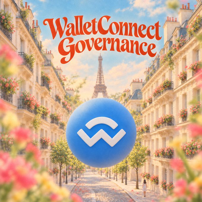 An illustration for 'WalletConnect Governance' showing a blue WalletConnect logo sphere in front of the Eiffel Tower in a Paris street scene framed by flowers.