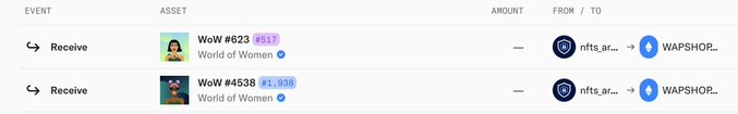 A screenshot of a transaction history showing two 'Receive' events for 'WoW #623' (#517) and 'WoW #4538' (#1,938) from 'World of Women' NFTs transferred from 'nfts_air...' to 'WAPSHOP...'.