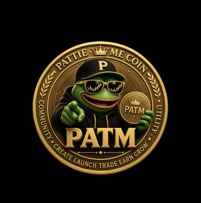 A gold coin features Pepe the Frog wearing sunglasses and a 'P' cap, with text reading 'PATTIE ME COIN', 'PATM', 'COMMUNITY', 'UTILITY', and 'CREATE LAUNCH TRADE EARN GROW'.